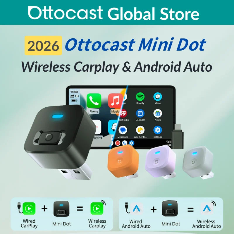 Ottocast MINI Dot Wireless CarPlay & Android Auto Adapter – WiFi 6, Plug & Play
