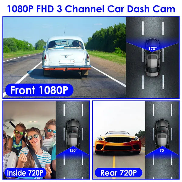 DriveGuard 3-Channel WiFi Dash Cam (1080P Front, Rear & Interior)
